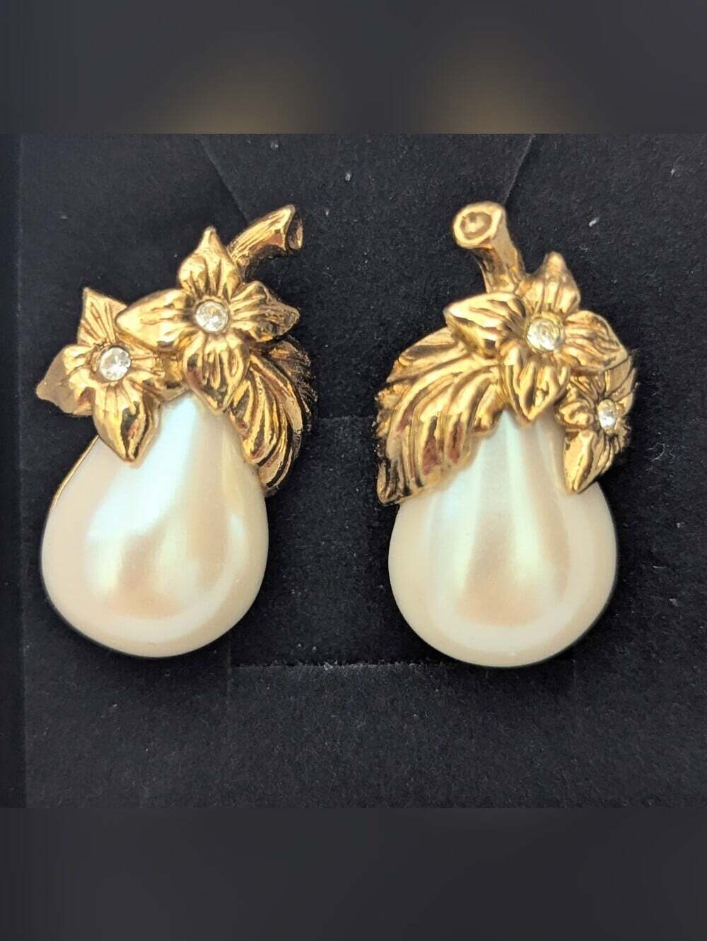 Vintage Pear-Shaped Faux-Pearl Pierced Earrings w/Gold-Tone Leaves & Rhinestones